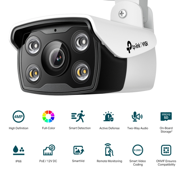 TP-LINK VIGI C340 BULLET CAMERA, 4.0MM, 4MP, IR, 10/100, IP67, AUDIO, MicroSD, 3YR